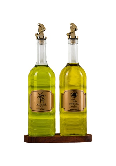 Moss 2'li Ahşap Stantlı Damlatmaz Zeytinyağı Sıvıyağ Şişesi Cam Yağdanlık Seti 1000 Ml 1000ml