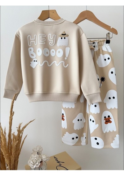 Magu Çocuk Desenli Ekru Sweatshirt Ve Bol Paça Eşofman Takımı Çok Renkli