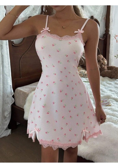 Bella Notte Toz Pembe Çiçek Desenli Fiyonk Ve Dantel Detaylı Gecelilk