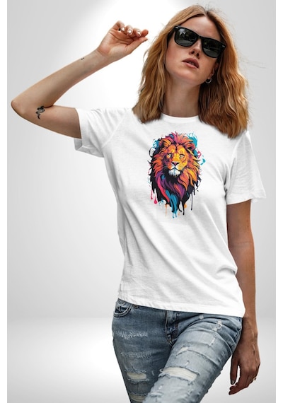 Renkli Yağlı Boya Aslan Unisex Unisex Beyaz Organik Baskılı T-shirt Penye Yüksek Kalite Beyaz