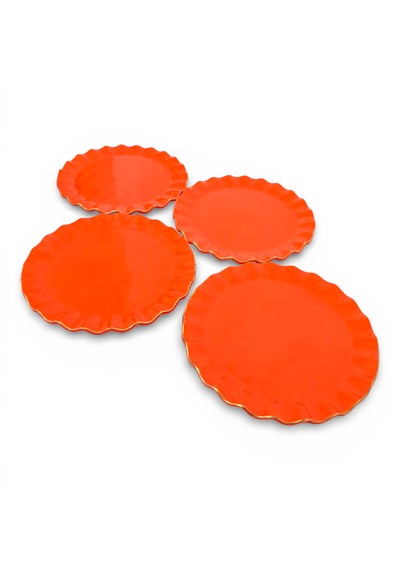 Sudedi Home Gerçek Altın Yaldızlı Cam Pasta Tabağı 21 Cm Turuncu 4 Kişilik Set Turuncu
