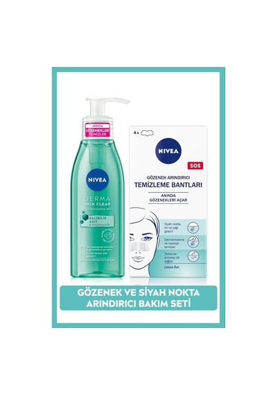 Nivea Derma Skin Clear Sivilce Karşıtı Yüz Temizleme Jeli 150 ML + Siyah Nokta ve T-Bölgesi Temizleyici Burun Bandı 4'lü