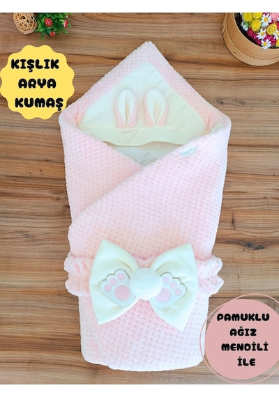 Ekru Kız Erkek Bebek Battaniyesi Kışlık %100 Pamuklu Dış Kundak Yenidoğan Hastane Çıkışı Örtü Pudra