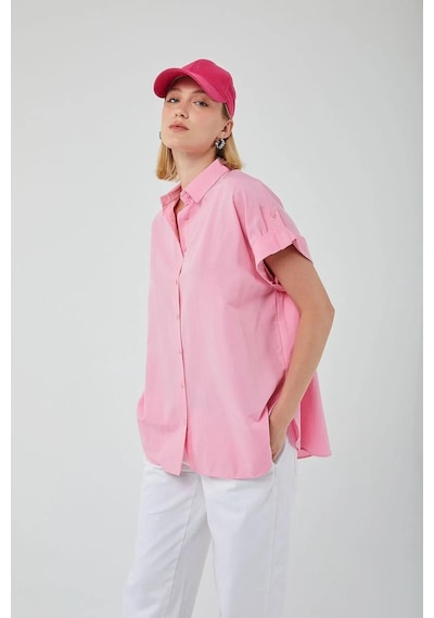 Mixray 3967 Kadın Apoletli Kısa Kol Oversize Gömlek Şeker Pembe