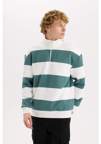 DeFacto Boxy Fit Dik Yaka Yarım Fermuarlı Çizgili Sweatshirt C7045AX24AUGN469 Yeşil