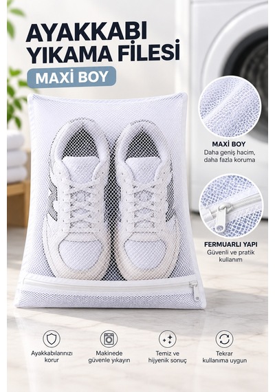 Ayakkabı Yıkama Filesi 38x38 Cm Fermuarlı Maxi Boy Ayakkabı Koruma Torbası 1 Adet Yıkama Filesi Beyaz