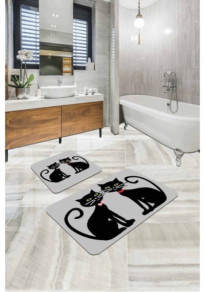 Gri Kedi Temalı Banyo Halısı Klozet Takımı Paspas Seti Bs252n11