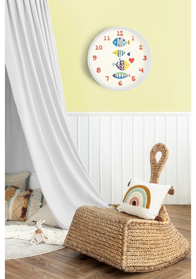 Renkli Balıklar Çocuk Odası Duvar Saati - 35cm - Önü Camlı Beyaz Kasa - Sessiz Mekanizma-jh1041 Beyaz