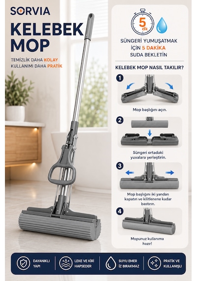 Kelebek Mop Kendinden Sıkmalı Pva Sünger Mop 124 Cm Çelik Saplı Yer Silme Ve Zemin Temizlik Mopu Kıl Tüy Toz Toplayan Temizlik Seti