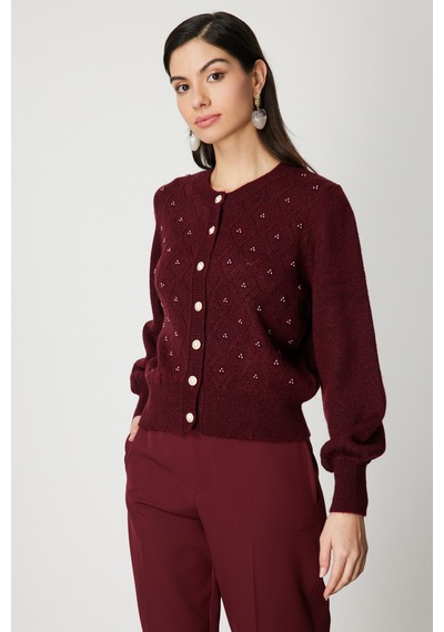 On Kadın İnci Düğmeli Triko Hırka 63922 Bordo Bordo