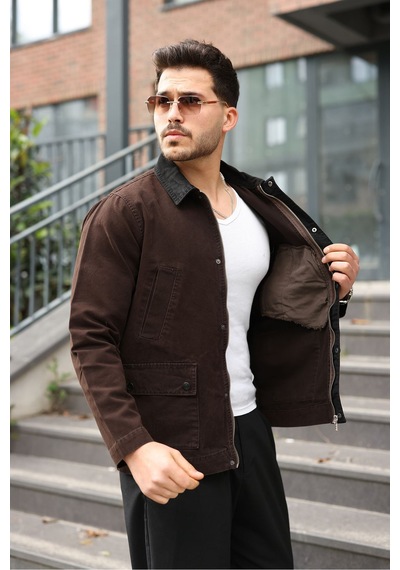 Little Cup Jeans Co Erkek Kahve Garni Yaka Spor Canvas Mont Kahverengi