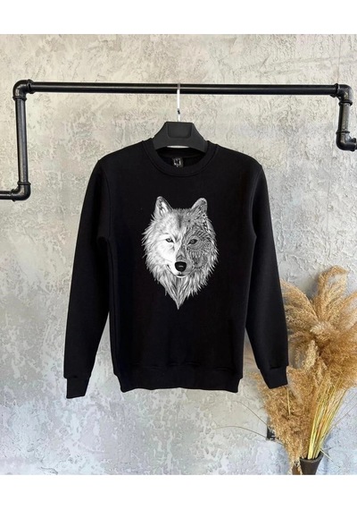 Startmore Siyah Oversize Alfa Kurt Baskılı Kapşonsuz 0 Yaka Pamuklu Unisex Sweatshirt Siyah