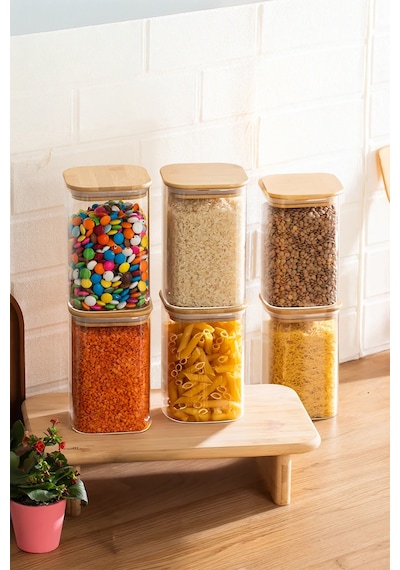 Porsima 6-3 Bambu Vakumlu Kapaklı Kare Borsilikat Cam 6lı Kavanoz Seti Saklama Kabı 1250ml 9,5x15cm Ahşap - Şeffaf