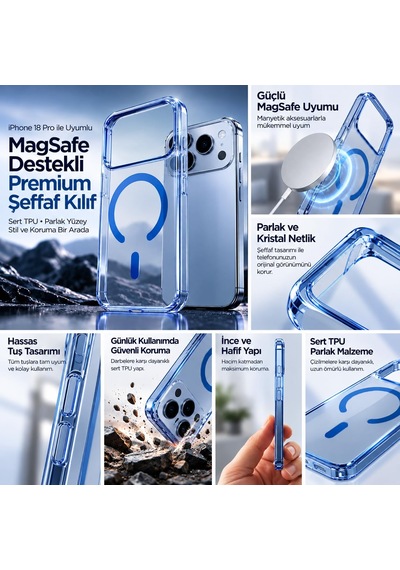 Premium Tpu Şeffaf Mavi Kılıf İphone 18 Pro İle Uyumlu-magsafe