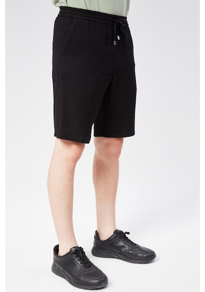 Braccas Erkek Beli Lastikli Bağcıklı Keten Karışımlı Slim Fit Jogger Şort Siyah Siyah
