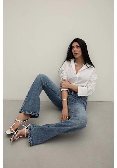 Dark Blue Premium Yüksek Bel Bronz Düğmeli İspanyol Paça Jeans Mavi