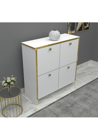 %100 Mdf 2 Kapaklı Küp Altın Sarısı Desenli Gövdeli Ayakkabılık Beyaz