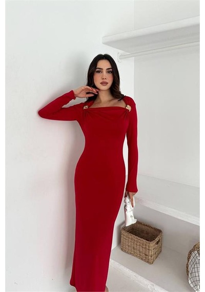 Neşeli Butik Kadın Drapeli Kayık Yaka Gold Aksesuarlı Elbise Nbk4386 Kırmızı