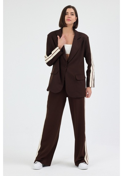 Diemmood Kadın Yan Şerit Detaylı Oversize Blazer Ceket & Palazzo Kahverengi Takım