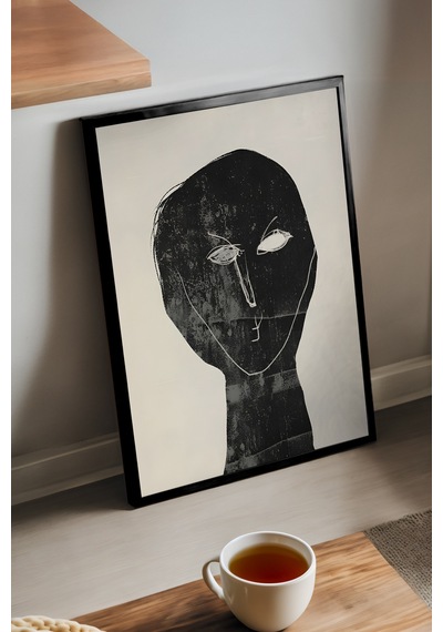 Lost Thought Siyah Ahşap Çerçeveli Poster, Dekoratif Soyut Monokrom Duvar Tablosu
