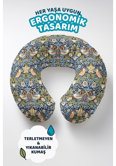 Kuş Ve Çiçek Desenli Ergonomik Boyun Yastığı - Vintage Lacivert Sarı Yumuşak Seyahat Yastığı Tozlu Toprak Deniz Mavisi