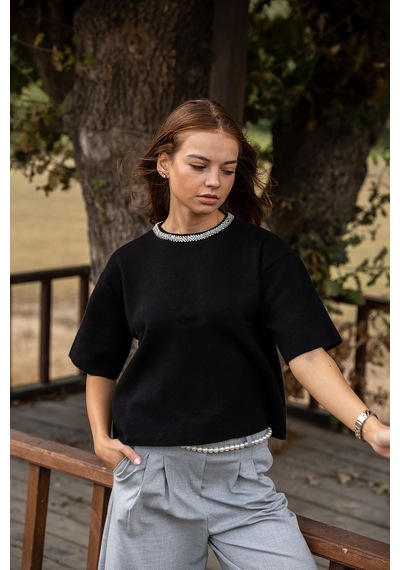 Verdeblanco Taşlı Yaka Basic Bluz Siyah Siyah