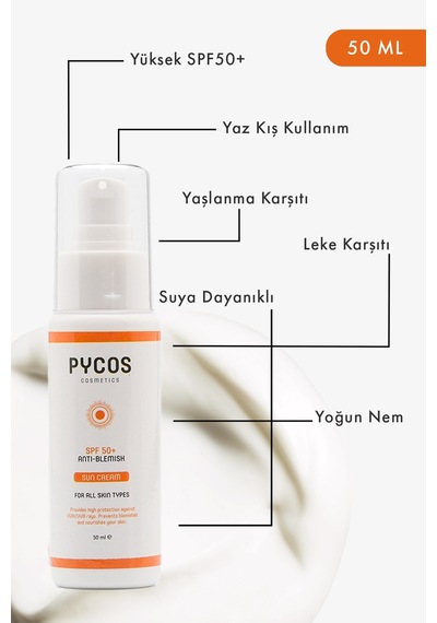 Pycos Cosmetıcs Spf 50 Leke Karşıtı Yüz Güneş Kremi 50ml, Tüm Cilt Tipleri Için
