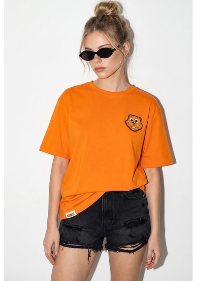 Shade Kadın Cotton Nakışlı Teddy Detaylı Bisiklet Yaka T-shirt 60382610 - Turuncu 2XL