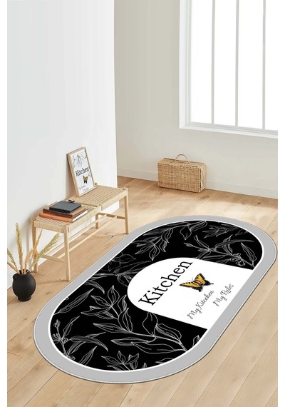 West Home Dijital Baskı Yıkanabilir Kaymaz Taban Oval Salon Halısı Mutfak Halısı Yolluk Wh 528 Black