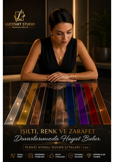 Lucitart Studio 5 Adet 5cmx120cm 1mm Kalınlığında Kendinden Yapışkanlı Pleksi Aynalı Duvar Çıtası 9 Renk Seçeneği Dekoratif Duvar, Kapı, Tv Ünitesi Ve Mobilya Çıtası Siyah