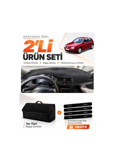 E-biz Volkswagen Golf 4 Mk4 1997-2003 Uyumlu Torpido Örtüsü + Tay Tüyü Çanta - Siyah - Vw009