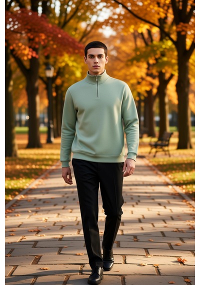 Benerly Erkek Dik Yaka Fermuarlı Standart Kol Regular Kalıp Sweatshirt Fo Mint
