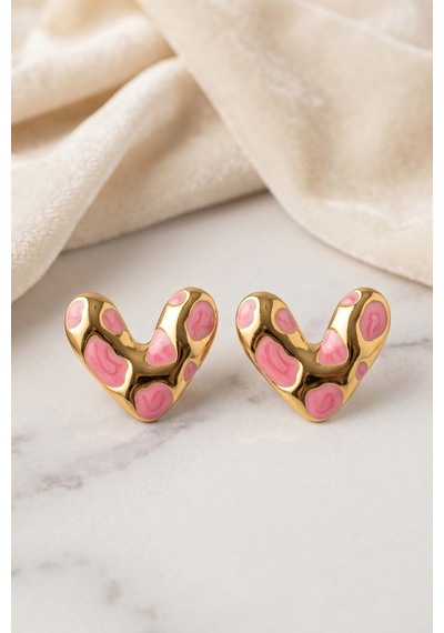 Gold Pembe Benek Mineli Kalp Premium Çelik Küpe Çok Renkli