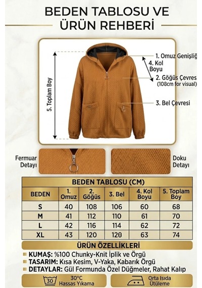 CEMO Çift Cepli Fermuarlı Kapüşonlu Desenli Sweatshirt Ceket Taba