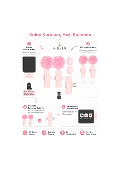 Kablosuz Tüylü Pembe Yaka Mikrofonu Type-c Ve İos Girişli 2 Li Set Bluetooth 5.0 Pembe Pembe