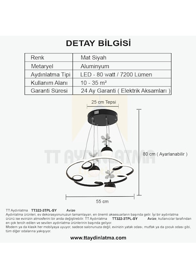 Tt322-3tpl-sy Tt Ayd. Bulut Mat Siyah 3 Toplu 3 Renk Led Avize Siyah
