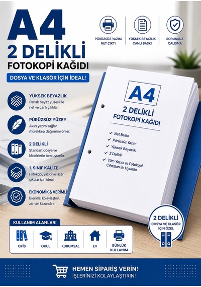 Premium A4 2 Delikli Fotokopi Kağıdı 100 Adet Dosya Ve Klasör Uyumlu Yazıcı Kağıdı