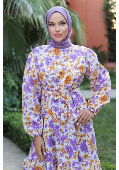 Defymoda Kadın Uzun Çiçek Yaprak Desenli Belden Bağlamalı Elbise Lila