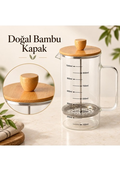 Bambu Kapaklı French Press, 1000 Ml Ölçülü Borosilikat Cam Filtre Kahve Ve Bitki Çayı Demliği, Cam Kulplu Diğer