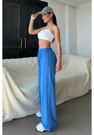 Madmext Saks Beli Büzgülü Wide Leg Kumaş Pantolon Mg1950 Saks