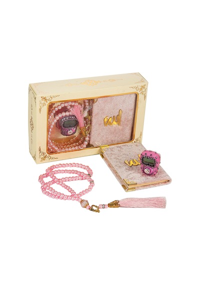 Taşlı Zikirmatik - Mini Kadife Yasin - İnci Tesbihli Hediyelik Set - Pembe Renk