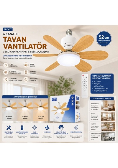 Tavan Vantilatörü Ve Led Avize - Uzaktan Kumandalı - 6 Kanatlı - 52 Cm Çok Renkli
