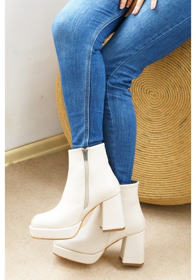 Shoetek Palmira Kadın Bot Kalın Topuklu Bej Deri Bej Cilt Bej