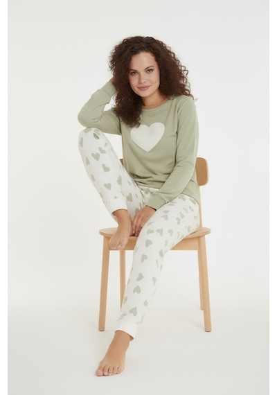 Luxury Thermal Büyük Kalp Desenli Kadın Polar Kışlık Pijama Takımı 42047 Haki