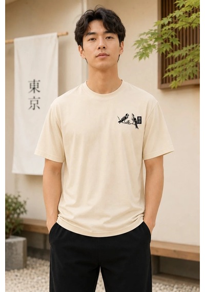 Tarzyeri Erkek Ön Ve Arka Tokyo Kuş Çiçek Baskılı Oversize T-shirt - Ekru