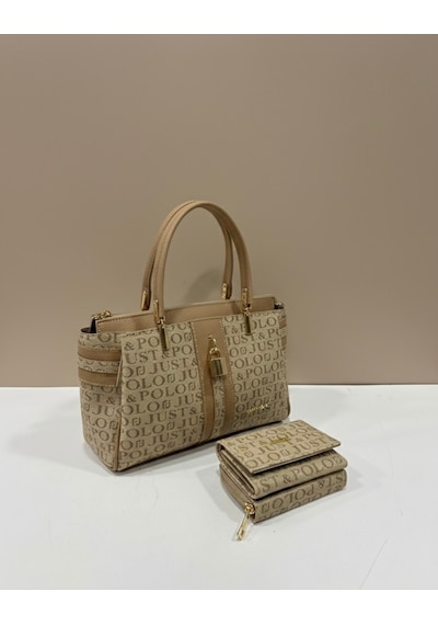 Just Polo Kadın Lüks El & Omuz Çantası Gold Detaylı Özel Tasarım Çanta Ve Uyumlu Cüzdan 22x28 Cm Vizon