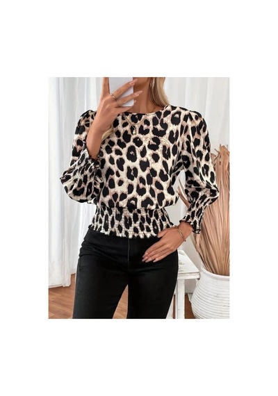 Butik İstanbul Kadın Uzun Kollu Bisiklet Yaka Leopar Desenli Modal Bluz