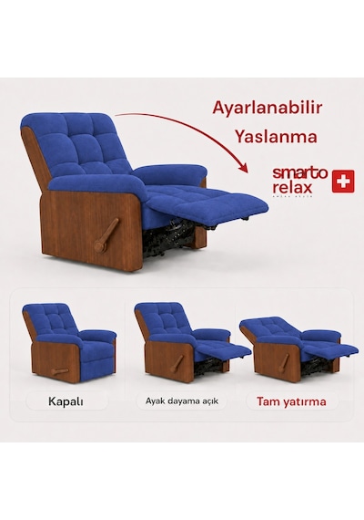 Smarto Relax Ticino Manuel Mekanizmalı Ayak Uzatmalı Ahşap Yan Panelli Polyester Tv Koltuğu Baba Koltuğu Mavi