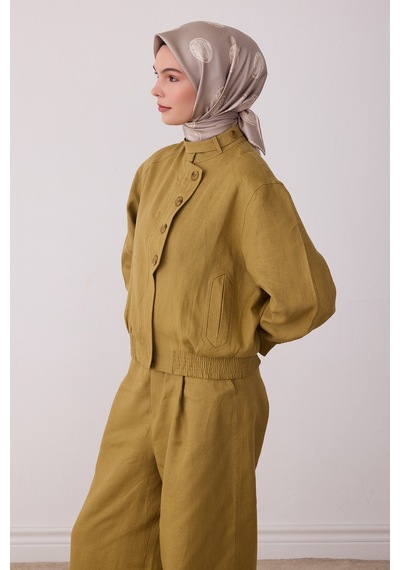 Belli Geometrik Desen %100 Twill İpek Eşarp Be27 Vizon-taş