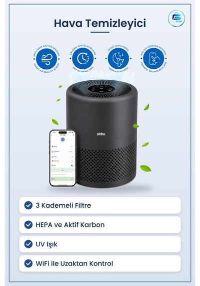 Hava Temizleyici 3 Kademeli Filtre Hepa Uv Wifi Uzaktan Kontrollü Çok Renkli